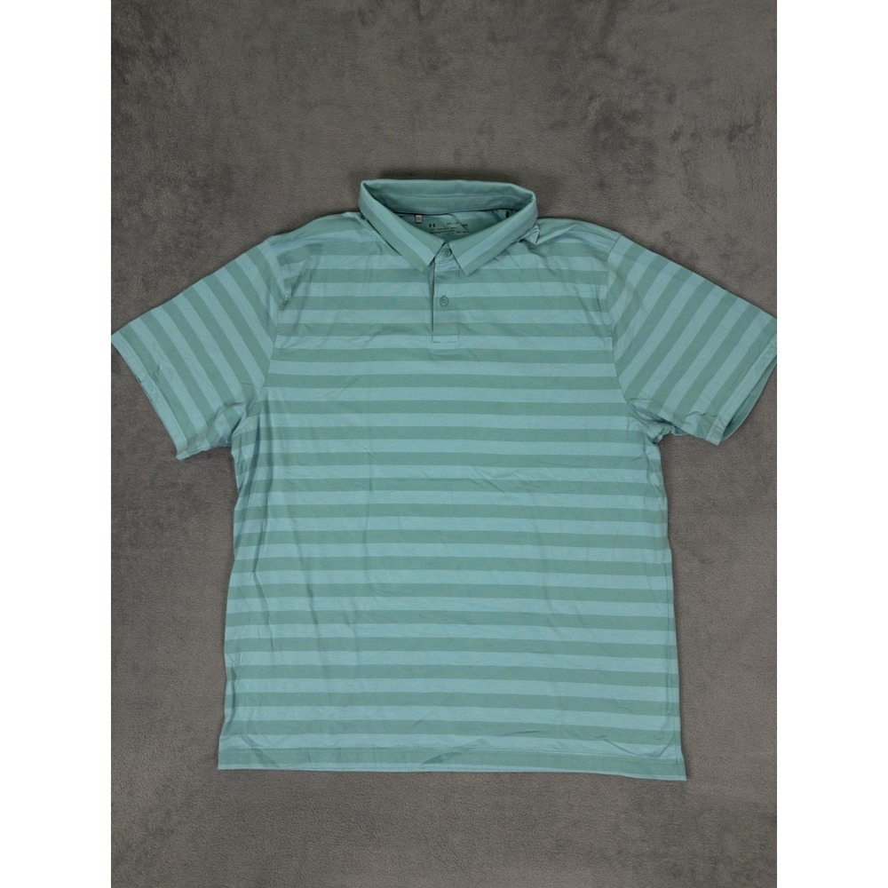 Under Armour Polo Shirt Mens 2XL Green Striped Golf HeatGear Loose Casual Preppy